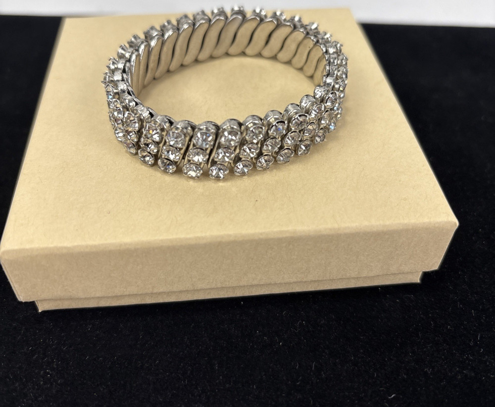 Vintage Silver Tone Expandable Stretch Clear Rhinestone Bracelet 3 Rows