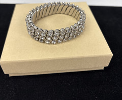 Vintage Silver Tone Expandable Stretch Clear Rhinestone Bracelet 3 Rows