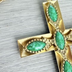 Vintage Whiting Davis Gold Tone Chunky Cross Faux Stones Long Pendant Necklace