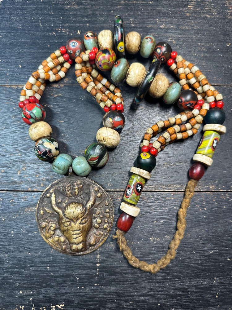 Himalayan Horned Spirit Mask Amulet Necklace, Nepal Tribal Brass Pendant with M