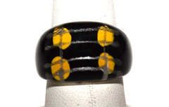 Vintage Black with Gold Dots and Gold Stripes Lucite Ring Size 7.5