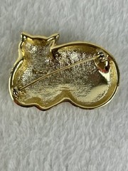 Vintage AJC Etched Cat Brooch Pin Gold Tone Patchwork Floral Metal