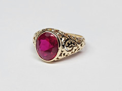 Beautiful 13.9-14k Gold Filigree Style Pierced 4.00ct. Lab Ruby Ring Sz 9.5