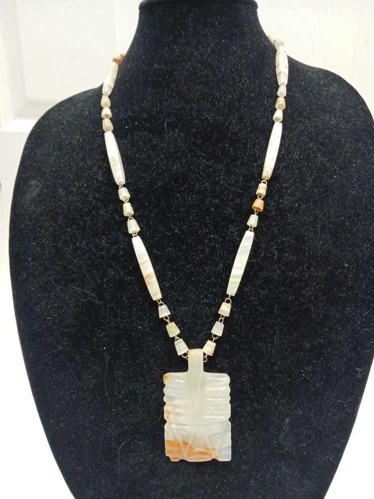 Vintage Mexican Onyx Carved Aztec Pendant Necklace Banded Calcite Stone Made in