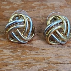 Vintage Knot Earrings Two-tone Metal Stud Button Silvertone Goldtone .5″ Classic