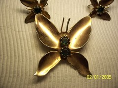 Vintage Goldtone Butterfly Pin And Screwback Earrings With Green Stones