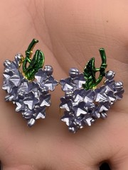Vintage Brooch Earrings Set Pierced Purple Green Leaf Flowers Open Work.