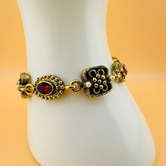 Vintage Victorian Revival Bracelet Red Rhinestone Gold Tone Faux Seed Pearl 6.2″