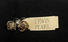 Vintage NOS Erwin Pearl Gold Tone Knot Pierced Earrings Ribbed Designer
