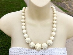 Vintage Ivory Celluloid Carved Graduated Rose Beads Necklace + earrings set