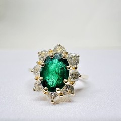 Vintage 14k Yellow Gold 1.00ct Oval Emerald & .85cts Diamond Halo Accent Ring