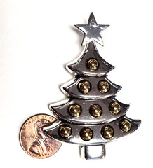 Vintage Signed BEST Silver Christmas Tree W/ Gold Ornaments Pendant Pin / Brooch