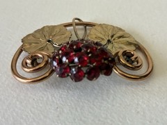 Vintage Arts & Crafts Floral 2 Tone Brass & Copper Cranberry Red Rhinestone Pin
