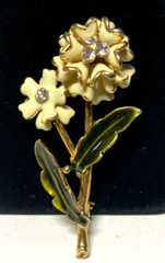 Vintage Monet White and Green Enamel and Rhinestone Flower Brooch Pin 2.5in