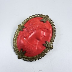 Vintage Bright Orange Plastic Celluloid Cameo Gold Tone Oval Brooch Lightweight