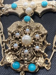 Vintage Victorian Revival Necklace Earrings Faux Pearl turquoise Festoon Tassel