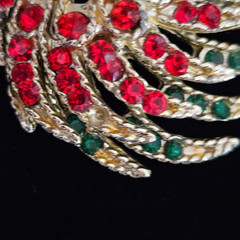 Great Horned Owl Brooch Costume Pin Red Green Rhinestones Tail Moves Vintage