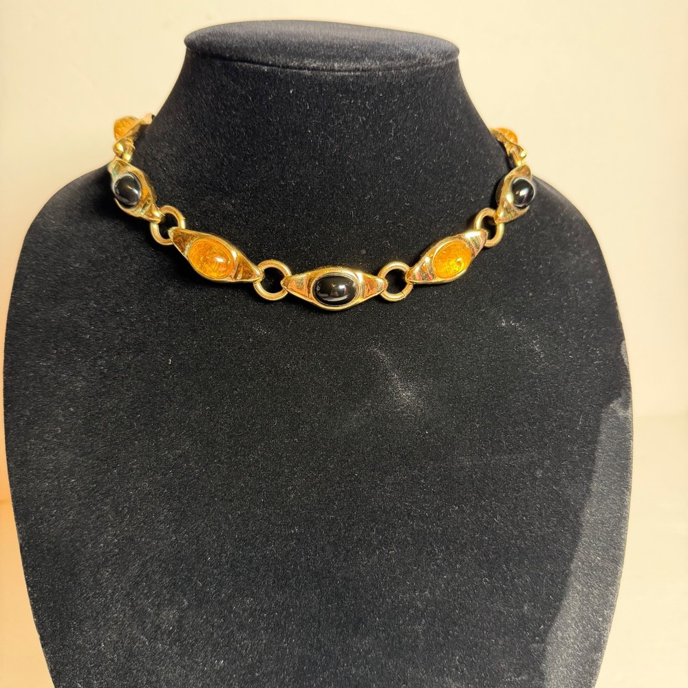 Francesca Romana FR Gold Tone Link Necklace Black & Honey Cabochons 15.5″