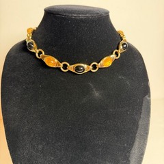 Francesca Romana FR Gold Tone Link Necklace Black & Honey Cabochons 15.5″
