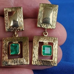 Original EARTH MINED EMERALD Deco Design Earrings Vintage Style Dangles 14K GOLD