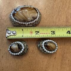 Vintage W Germany Glass Caramel Swirl Cabochon Pearl Brooch Clip On Earrings Set