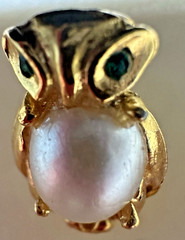 Ballou Reg’d Owl Scatter Pins Pair Vintage Faux Pearl Green Rhinestone Eyes Set
