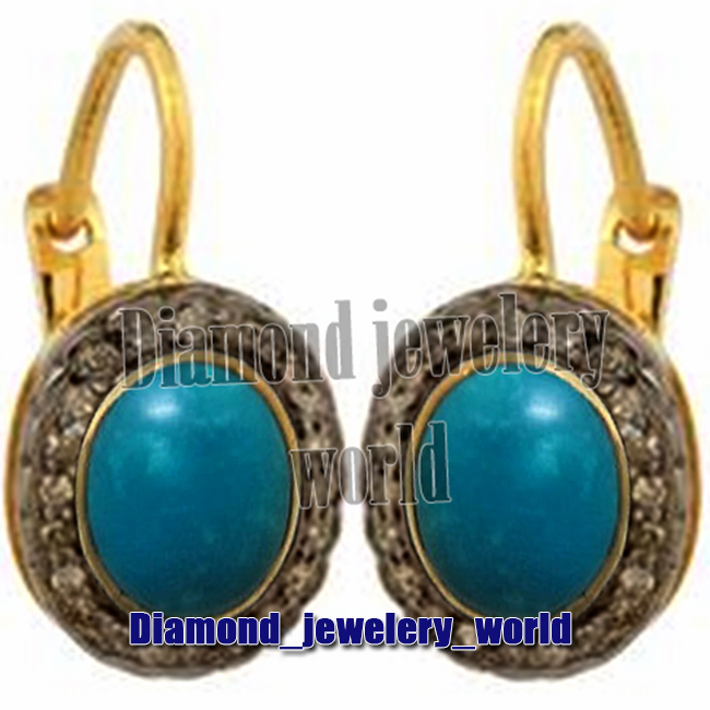 Amazing 1.07ct Rose Cut Diamond Turquoise Studded Silver Vintage Earring Jewelry