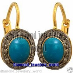 Amazing 1.07ct Rose Cut Diamond Turquoise Studded Silver Vintage Earring Jewelry