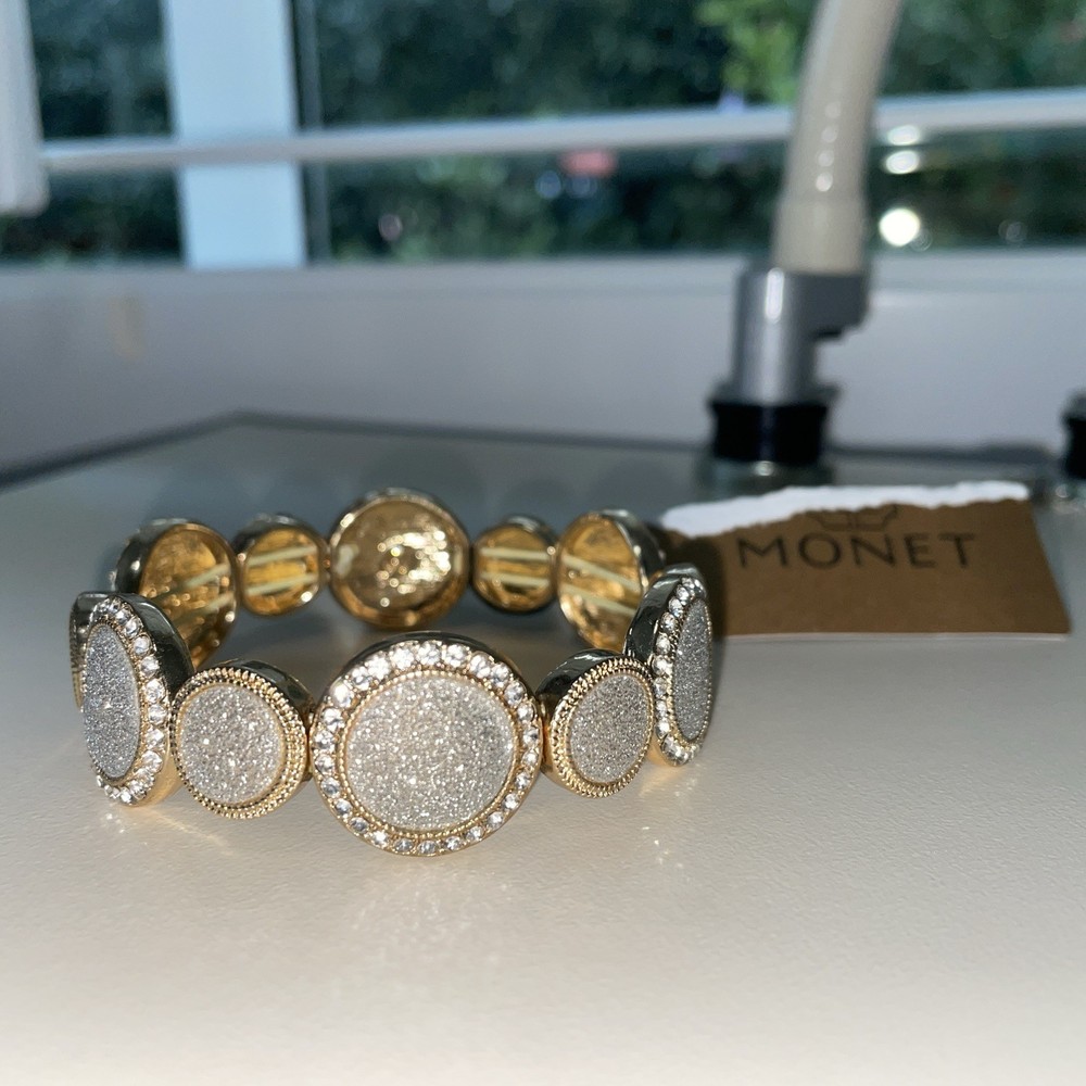 Monet Bracelet Rhinestone Clear Gold Tone Expandable Signed M With Stone NWT New