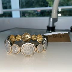Monet Bracelet Rhinestone Clear Gold Tone Expandable Signed M With Stone NWT New