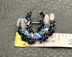 Vintage Two Tone Blue Crystal and Faux Opalite Rhinestone Wreath Brooch