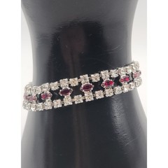 Vintage B David Ruby Red Clear Rhinestone Triple Strand Bracelet Silver Tone 7in