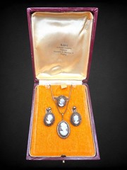 Vintage Italian Cameo 800 Silver Jewelry Set in Box Ring Necklace Earrings