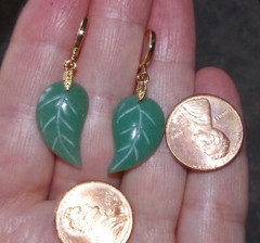 Vintage Genuine 14K GF Green Jadeite Jade Carved Leaf Hoop Earrings