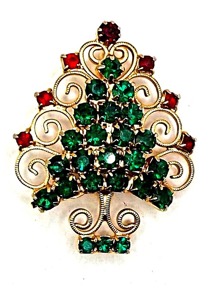 Vintage Signed Hobe Christmas Tree Brooch Gold-tone Green and Red Rhinestones
