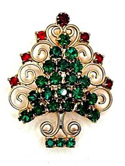 Vintage Signed Hobe Christmas Tree Brooch Gold-tone Green and Red Rhinestones