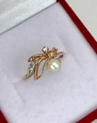Chic Vintage Original Rose & White Gold 585 14k Ring with Cultured Pearl 1.72 g