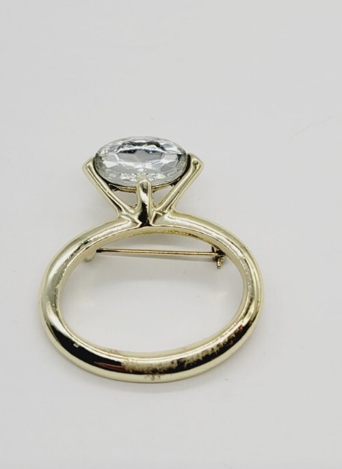 Huge Engagement Ring Brooch Pin Vintage Gold Tone Rhinestone Funny