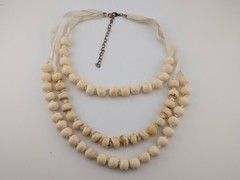 3-TIER COW BONE NECKLACE hand carved old beads on cream colored ribbon boho B5