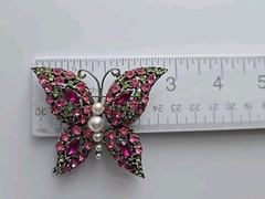 1970s Butterfly Pin Rhinestones of Pink and Green with Pearls