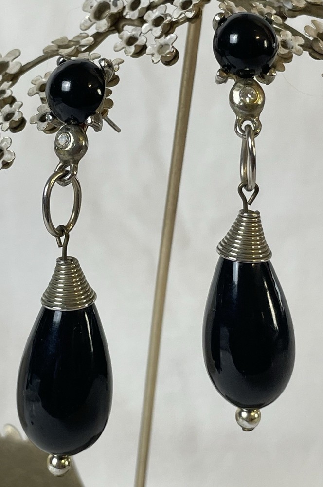 Vtg 60s Chunky Dangling Earrings Black Geometric Silver Toned Hook