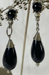 Vtg 60s Chunky Dangling Earrings Black Geometric Silver Toned Hook