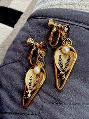 Vintage Hobe Clip Screw Earrings Openwork Filigree Faux Pearl Red Garnets Dangle