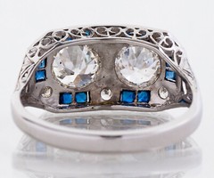 Art Deco Style Lab Created Diamond & Sapphire Engagement 14K White Gold FN Ring