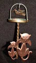 VTG Cat Pin Brooch Copper Mixed Metals Cats Dove Bird Modern Art K&T Siamese