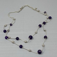 Amethyst Stone Beaded Necklace Silver Tone Chain Beads Double Strand Station 18″