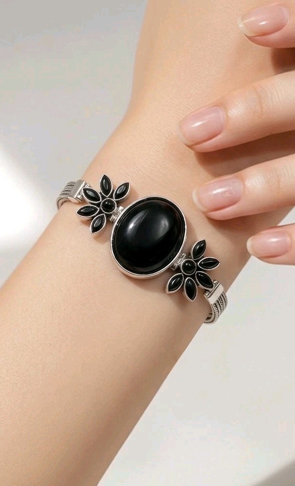 Black Onyx Bracelet Sterling Silver Cluster Boho Statement 925 Multi Strand
