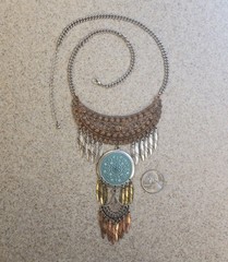 Tribal 18in Bib Necklace Copper And Silver Tone Dangling Feathers Boho Vintage