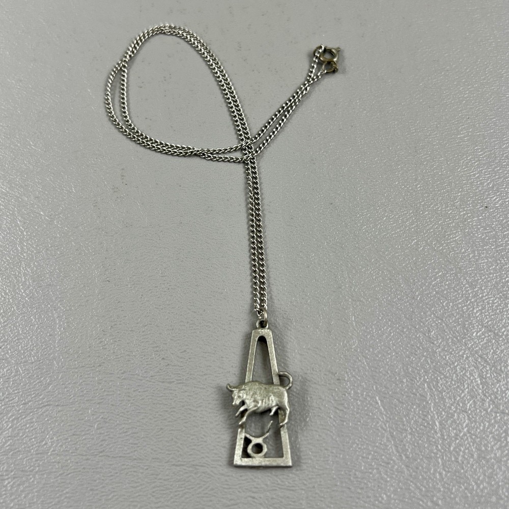 Vintage Cathedral Pewter Taurus Astrology Pendant Necklace Horoscope Bull