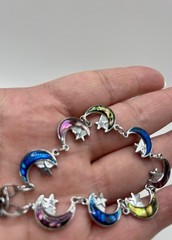 Celestial Moon Star⭐️Rainbow Dyed Abalone Charm Vintage Bracelet 7 Inch EUC